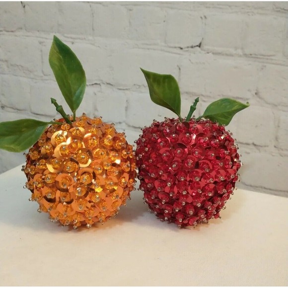 Vintage Push Pin Sequined Apple & Orange Christmas Fruit Decorations - Picture 1 of 6